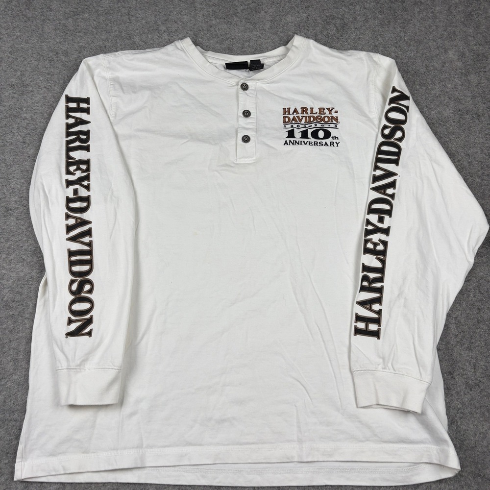 Harley Davidson Henley Shirt Mens 2XL White‎ 110th Anniversary Long Sleeve - Picture 2 of 11
